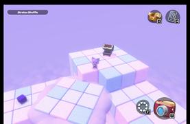 Activate the third cloud block so you can jump on the platform to access the treasure chest.